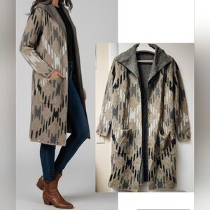 JOSEPH A. Drape Collar Print Maxi Cardigan Sweater Coat Tan Black White Grey S